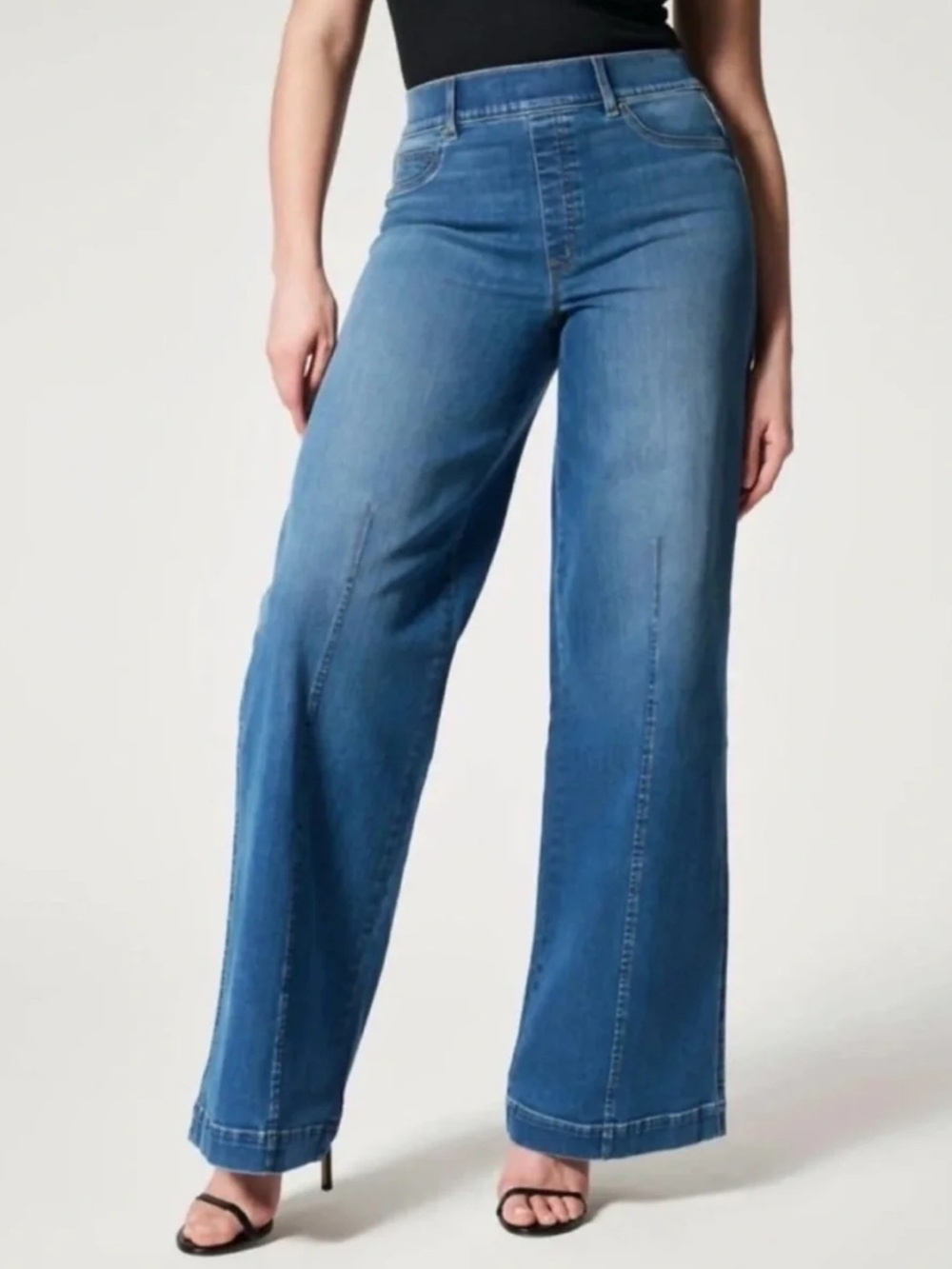SPANX Seamed Front Wide-Leg Pull-On Jeans Vintage Indigo Stretch Sz Large Petite